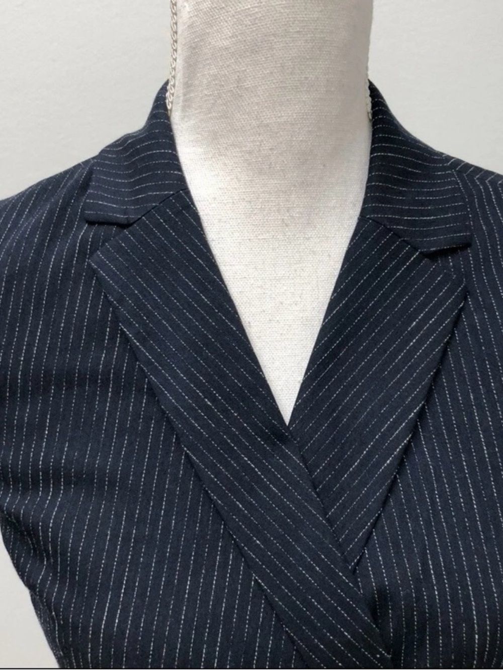 Sleeveless Navy Pinstripe Wrap-Front Mini Dress, SZ 0, NWT - Picture 2 of 14